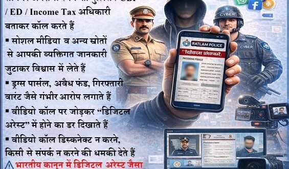 सायबर सिक्योरिटी एडवाइजरी डिजिटल अरेस्ट के नाम पर धोखाधड़ी से रहे सावधानड्रग्स तस्करी पर पुलिस की बड़ी कार्रवाई 200 ग्राम MDMA ड्रग्स कीमती 20 लाख रुपए जप्त कर एक तस्कर को किया गिरफ्तार-चोरी गई रॉयल एनफील्ड बुलेट सहित वाहन चोर गिरफ्तार दो चोरी की बुलेट मोटरसाइकिल बरामद-पुलिस द्वारा शहर में चैकिंग अभियान चलाया गया, बेवजह  घूमने वाले 97 संदिग्ध लोगों को थाने लाकर चेक किया,-अवैध मदिरा विक्रय के विरुद्ध आबकारी विभाग की कार्यवाही